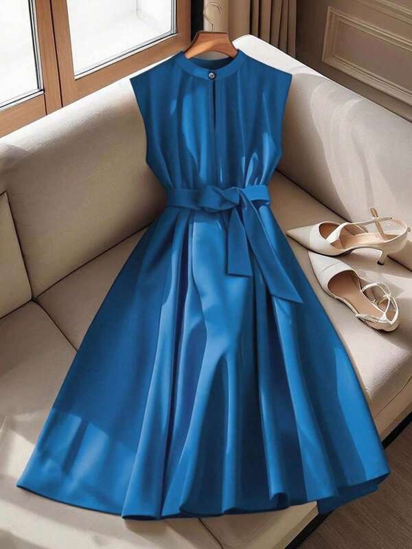 Franclia 休闲优雅前中开衩珍珠纽扣系带腰高腰褶皱大摆中长连衣裙，全新夏季设计，杏色