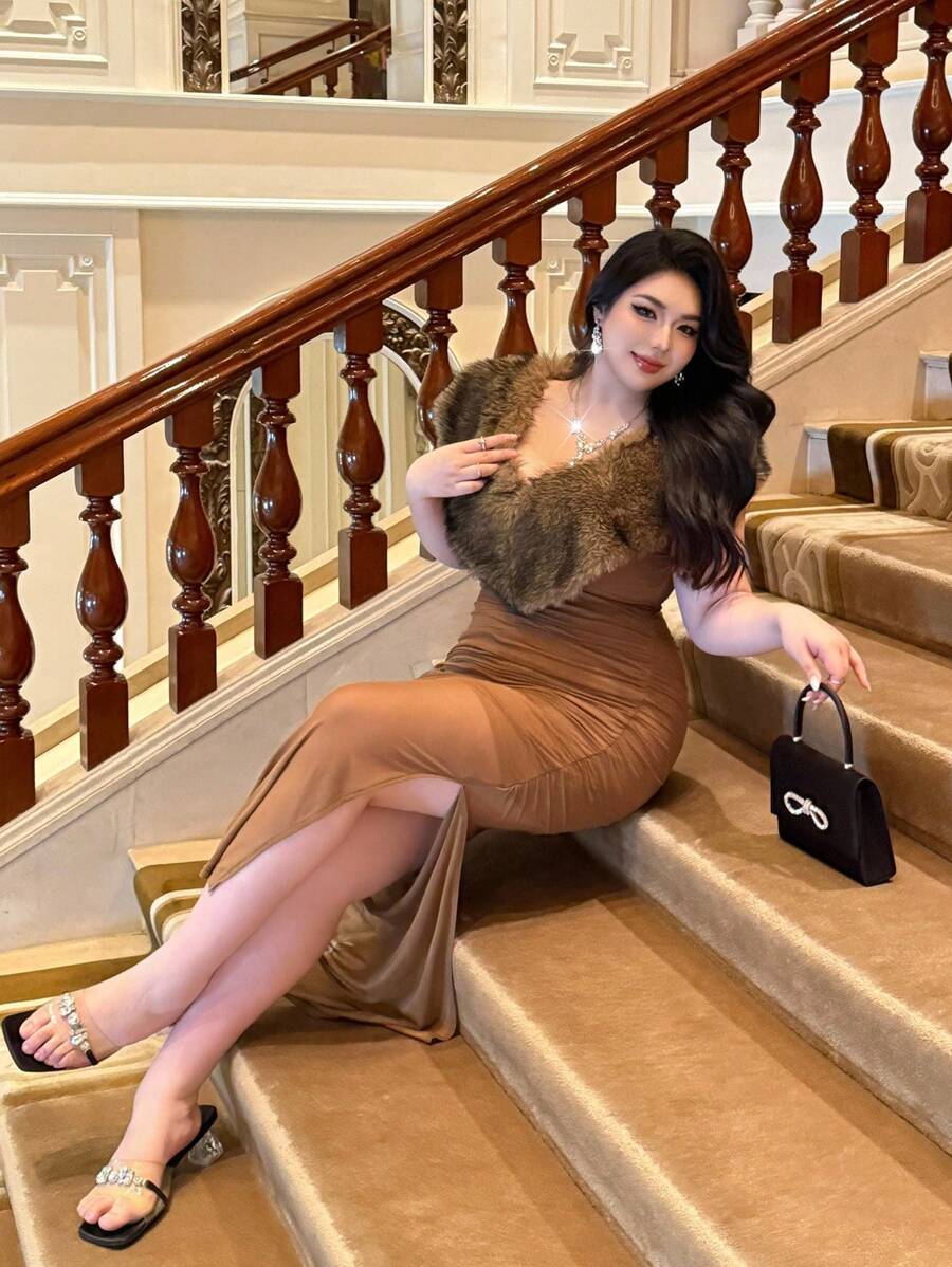 Flirla Party Deep V-Neck Sexy Minimalist Bodycon Waist Cinched High-End Elegant Solid Color Dress - Brown - View 1