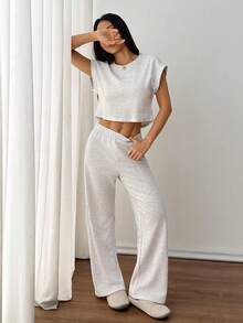 SHEIN PETITE Grey Knit T-Shirt And Pants Women's Loungewear Set Two Piece Lounge Set Two Piece Set Women Grey Two Piece Set Casual Two Piece Set Comfortable Two Piece Set