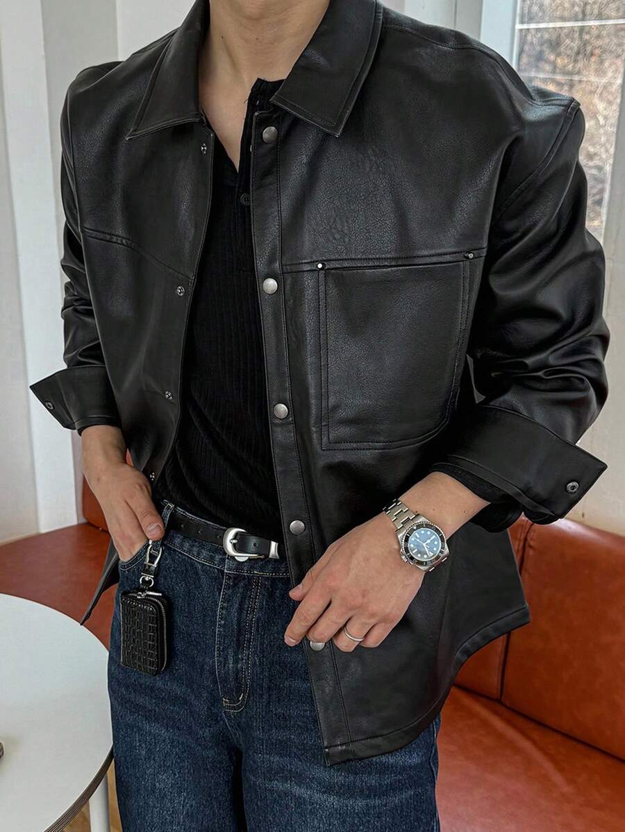 DAZY Giacca in pelle PU nera tinta unita da uomo, camicia da uomo a maniche lunghe autunnale