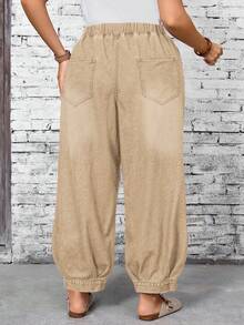 EMERY ROSE 大码女式松紧腰口袋锥形宽松牛仔裤 - 卡其色 - 查看 3