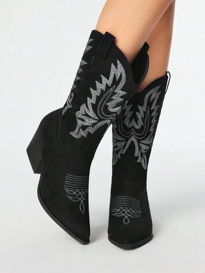 Fairycore Damen Retro V-Ausschnitt Spitzenschuh mit dickem Absatz, bestickter westlicher Cowboy Stiefel, Slip-On Outdoor Knie-hohe Modestiefel für Herbst/Winter