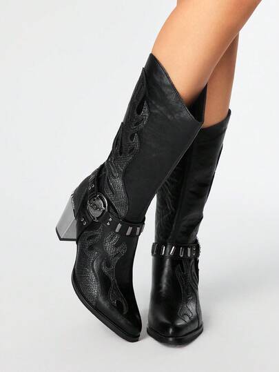 Grunge Punk Damen Western-Stil bestickte Spitzenschuh-Stiefel, knöchelhoch