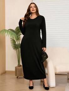 Rosumi 大码女式圆领长袖黑色带口袋连衣裙，秋冬 - 黑色 - 查看 5