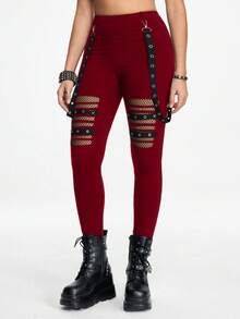 ROMWE Grunge Punk Quần legging bó sát nữ họa tiết Punk đen khoét lỗ kim loại có cạp có thể tháo rời - Màu Đỏ Sâu - Xem 5