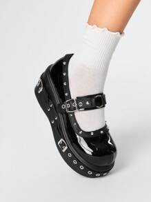 ROMWE Grunge Punk 女式朋克摇滚哥特式侧拉链铆钉防水厚底骑士靴，重型厚底摩托车靴，厚底和粗跟鞋，万圣节 - 紅色 - 查看 3