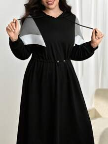 Modelyn Plus Size Women Long Sleeve Drawstring Casual Autumn/Winter Hooded Color Block Cinched Waist Dress Fall Cloth For Women - Black - View 7