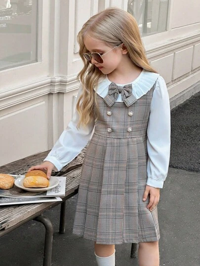 Elladie kids 女童甜美时尚格子长袖连衣裙，荷叶边下摆和蝴蝶结装饰领，双排扣+百褶裙设计，春秋季