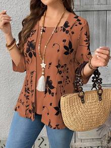 EMERY ROSE Summer Women's Floral Leaf Printed Patchwork 2 In 1 T-Shirt Graphic Tees Women Tops - Orange - View 5