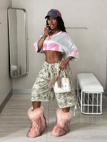 Coolane 青少年女孩春夏 Y2K 外出比赛日街头时尚数字图案大码 T 恤 - 灰色 - 查看 5