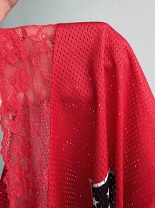 Coolane 女士春夏运动装基本款 Y2K 数字图案撞色蕾丝 V 领针织大码 T 恤