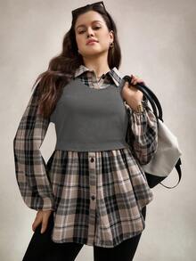 Zelara Plus Size Stand Collar Plaid Long Lantern Sleeve Knit Contrast Stitching Casual Casual Loose Blouse Shirts,Office Wear Women, Two Pieces In One With Button Decoration