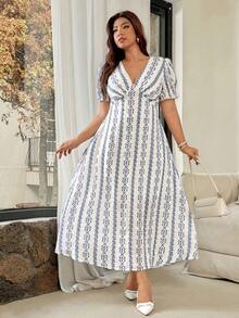 Vionelle Plus Size Women's Elegant Puff Sleeve V-Neck Vintage Print Cinched Waist Midi Dress, Spring/Summer/Autumn - Blue and White - View 4