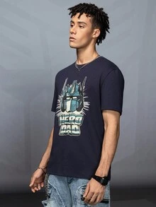 Transformers X SHEIN 男式字母与机器人图案圆领短袖T恤 - 藍色 - 查看 3