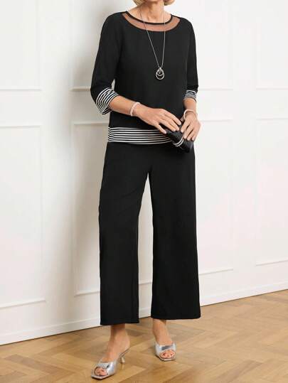 Miaspire Set de 2 piezas de Top casual de cuello redondo y 3/4 de manga a rayas y pantalones para mujer