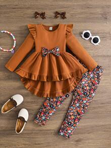 Emery Rose Kids Emery Rose Kids 两件套少女针织荷叶边领T恤和裤子套装，适合秋冬季，居家、户外运动、上学、日常休闲。和我妈妈的款式一样，也和我姐姐、妹妹的款式一样。秋装 - 摩卡棕 - 查看 3