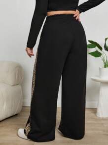 EURMUSE Leopard Trim Belly Detailed Long Wide Leg Black Pants - Black - View 2