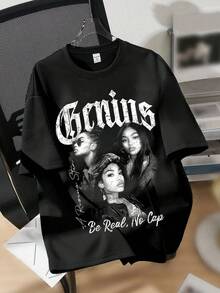 SHEIN EZwear Áo thun tay ngắn cổ tròn in hình chân dung đen trắng cỡ lớn dành cho nữ, chất liệu cotton mùa hè - màu đen - Xem 1