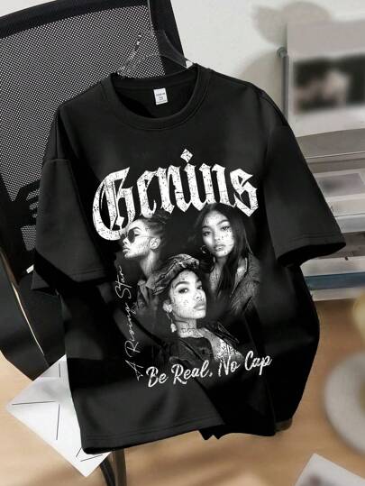 SHEIN EZwear Oversized Black & White Portrait Graphic Round Neck Short Sleeve Loose T-Shirt For Women, Summer Cotton
