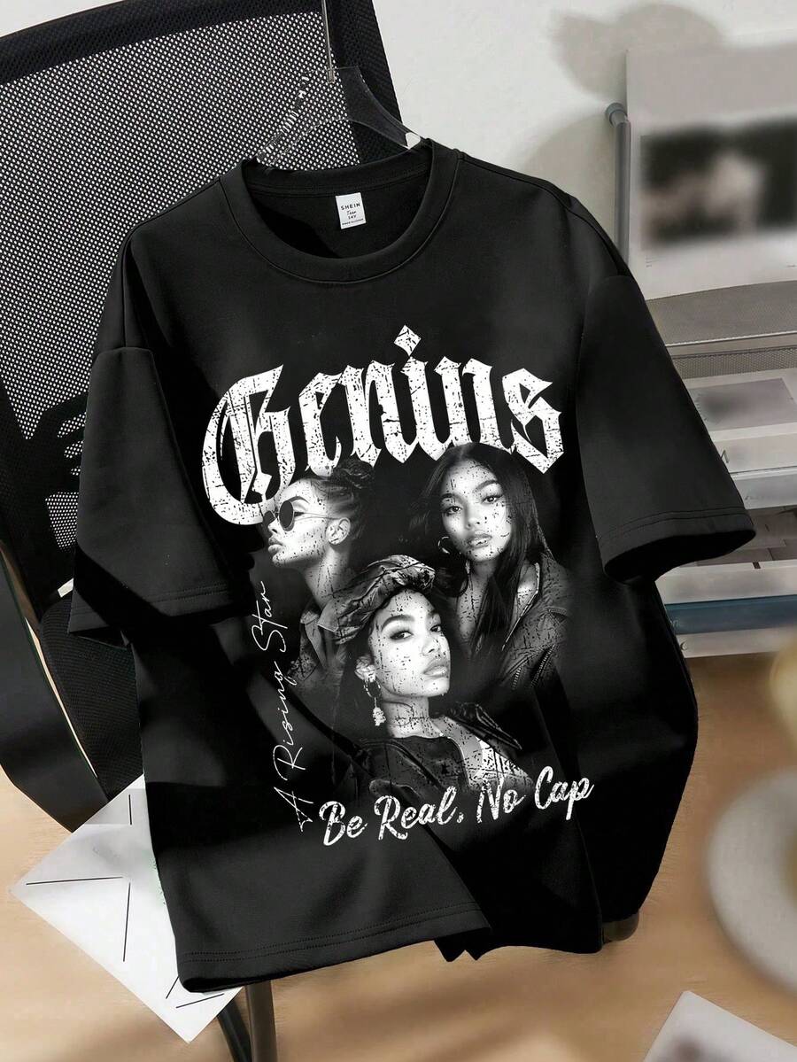 SHEIN EZwear Áo thun tay ngắn cổ tròn in hình chân dung đen trắng cỡ lớn dành cho nữ, chất liệu cotton mùa hè - màu đen - Xem 1