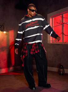 A Nightmare on Elm Street X SHEIN Áo hoodie dáng rộng thoải mái họa tiết kinh dị tối màu và chữ cái cho nam, mùa xuân/thu - màu đen - Xem 6