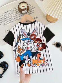 TaviRue Baby Girl Casual Comfy Cute Cartoon Animal Print & Striped Splice Sleeve Short Dress - Multicolor - View 6