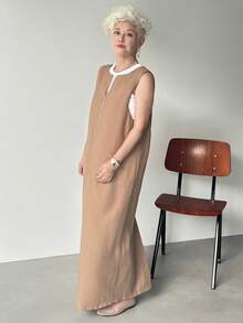 FRIFUL Vestido sin mangas con cremallera y decoración de unicolor caqui para mujer, otoño - Caqui - Ver 6