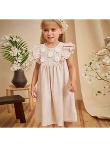 Loomiva Young Girl Floral Ruffle Trim Cinched Waist Short Sleeve Casual Dress, White/Beige - Apricot - View 3