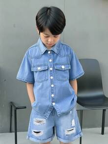 Denimly Boys' Versatile Casual Outdoor Street-Style Denim Set: Washed Denim Shirt With Collar, Elastic Waist Zipper Short Pants - Distressed Ripped Denim Look