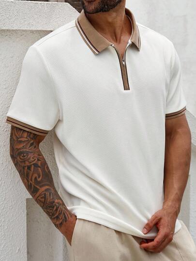 ResortEase Plus Size Men's Striped Contrast Color Short Sleeve Casual Commuter Polo Shirt