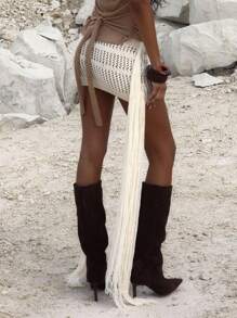 MUSERA Crochet Knit Fringed Fitted Mini Skirt Night Out Occasion Cover Up Vacation Elegant Fall Autumn Rapture Winter New Years Party - Cream - View 4