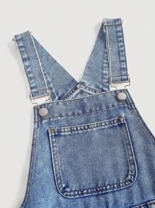 SHEIN Girlism 少女粉色丝带蝴蝶结宽腿蓝色牛仔背带裤 - 淺色水洗藍 - 查看 5