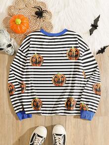 INAWLY Camiseta de manga larga con estampado de calabaza a rayas para mujer, top casual de otoño - Multicolor - Ver 2
