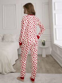 RueChic 2pcs Cotton Contrast Heart Printed With Rib Cuff Detail Homewear Pajama Set, Suitable For Christmas - Red and White - View 2