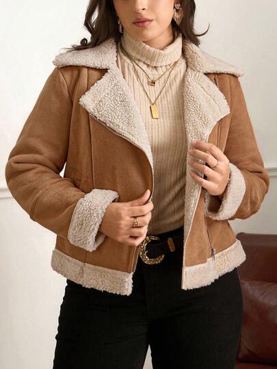 SHEIN Clasi Plus Size Women Faux Suede Composite Jacket, Autumn For Women, Winter For Women, Going Out, Going Out, Work Wear Women, Office Attire For Women, Business Professional Women, Office Wear Women, Office Wear Women Plus, Fall Work Women, Plush For Warmth Women Sherpa Jacket Women Winter Jacket Women Suede Jacket Women Outerwear