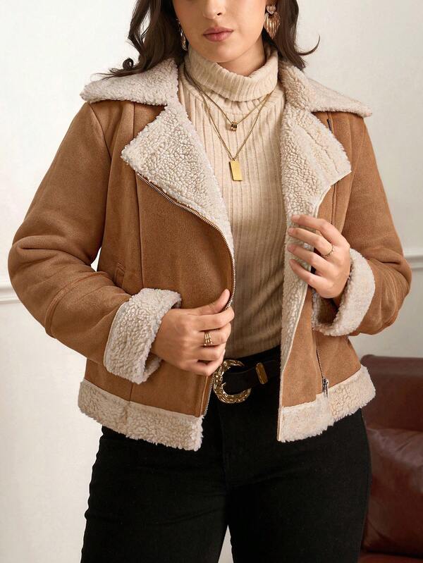 SHEIN Clasi Plus Size Women Faux Suede Composite Jacket,Autumn Outfits For Women,Winter Clothes For Women,Going Out Outfits,Going Out Outfit,Work Wear Women,Office Attire For Women,Business Professional Women,Office Wear Women,Office Wear Women Plus,Fall Work Clothes Women,Plush For Warmth Women Sherpa Jacket Women Winter Jacket Women Suede Jacket Women Outerwear