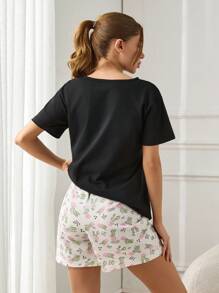 RueChic Women 3 Pcs Contrast Colour Cactus Pattern Homewear PJ Set - Black - View 3