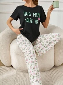 RueChic Women 3 Pcs Contrast Colour Cactus Pattern Homewear PJ Set - Black - View 5