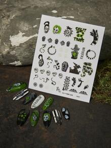 Beetlejuice X SHEIN 时尚夜光防水超薄自粘黑色和绿色指甲贴纸，无需紫外线灯指甲贴花，美甲 DIY 装饰，配饰自由搭配，哥特，角色扮演，哥特，万圣节 - 彩色 - 查看 10