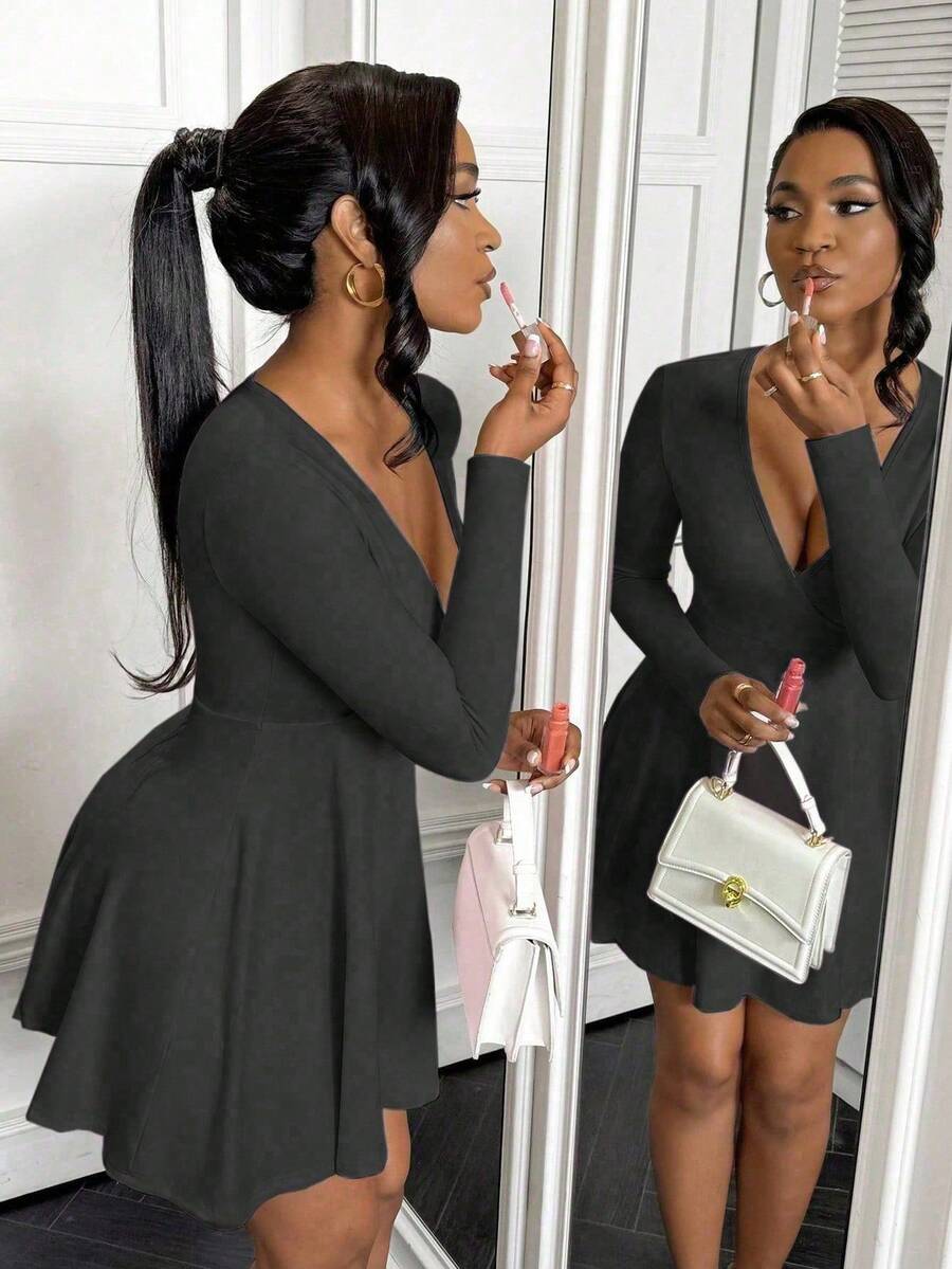 BamGleam V-Ausschnitt verführerisches avantgardistisches einfaches Damenkleid, Mini-Kurzkleid, Herbstkleider für Neujahrsklamotten