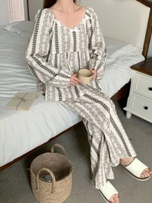 DAZY Women's Casual Printed Top & Pants Pajama Set, Fall Clothes - White - View 3