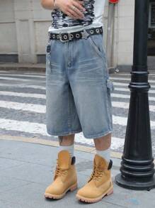 Manfinity EMRG Quần short denim ống rộng 5 điểm đơn giản, dáng rộng, có túi loe dành cho nam - Màu xanh lam - Xem 3