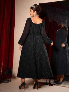 Cravure 永不过时：哥特式预科风，融入周三元素。拥抱你内心的暗黑女性时尚。大码女式秋季时尚优雅派对修身花卉装饰方领长袖超长连衣裙，适合万圣节装扮 - 黑色 - 查看 5