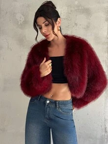 Firerie Women's Fashionable Elegant Minimalist Burgundy Faux Fur Short Coat, New Autumn/Winter Jacket - Burgundy - View 15