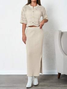 EURMUSE Cottnline Women's Thick Knit Cardigan And Skirt Set With Metallic Button, Winter Women Plus Clothing Business Casual Women S 2 Piece Outfits