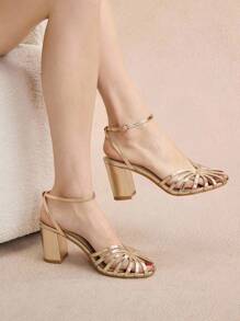 Rosivie 女士香槟色露趾编织带粗跟优雅高跟凉鞋 - 香檳色 - 查看 4