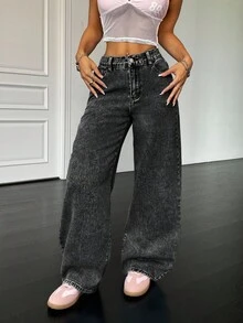 SHEIN PETITE 90年代女款基礎休閒寬鬆藍色牛仔褲 蝴蝶結牛仔褲 返校牛仔褲 韓系時尚 寬鬆女牛仔褲 蝴蝶結牛仔褲 高個女款/嬌小女款 - 黑色 - 查看 3