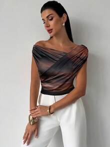 Firerie 女式优雅简约日常通勤时尚都市时尚平价褶皱图案印花修身上衣，秋季 - 彩色 - 查看 1