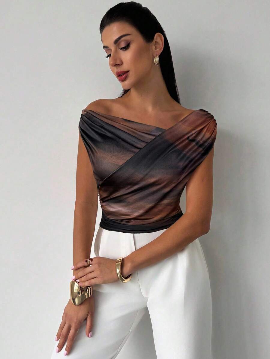 Firerie 女式优雅简约日常通勤时尚都市时尚平价褶皱图案印花修身上衣，秋季 - 彩色 - 查看 1