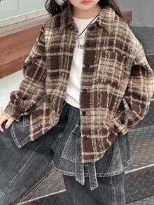 DAZY 少女格纹休闲长袖百搭夹克 秋冬 - 駝色 - 查看 7